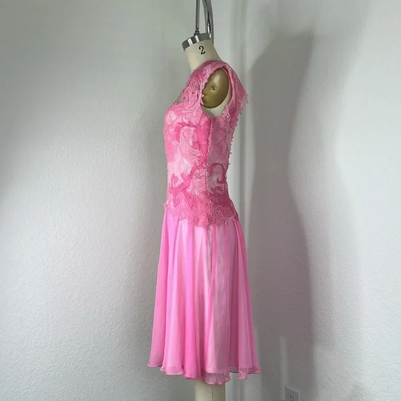 Tadashi Shoji Ines Lace Sheer Floral Open Backless Rose Silk Dress